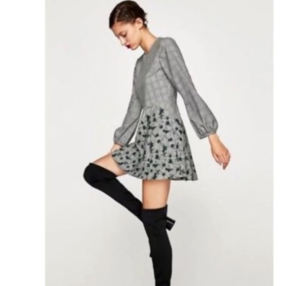 zara grey dress with embroidery